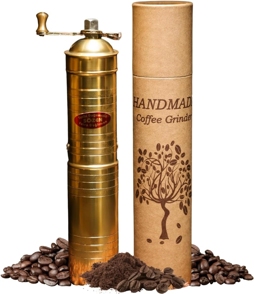 Sozen 9" Manual Coffee Grinder Brass – Hand Crank Burr Mill for Turkish Coffee, French Press, Espresso, Camping & Home Use – Portable Coffee Bean Grinder, Adjustable Conical Grinder