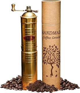 Sozen 9" Manual Coffee Grinder Brass – Hand Crank Burr Mill for Turkish Coffee, French Press, Espresso, Camping & Home Use – Portable Coffee Bean Grinder, Adjustable Conical Grinder