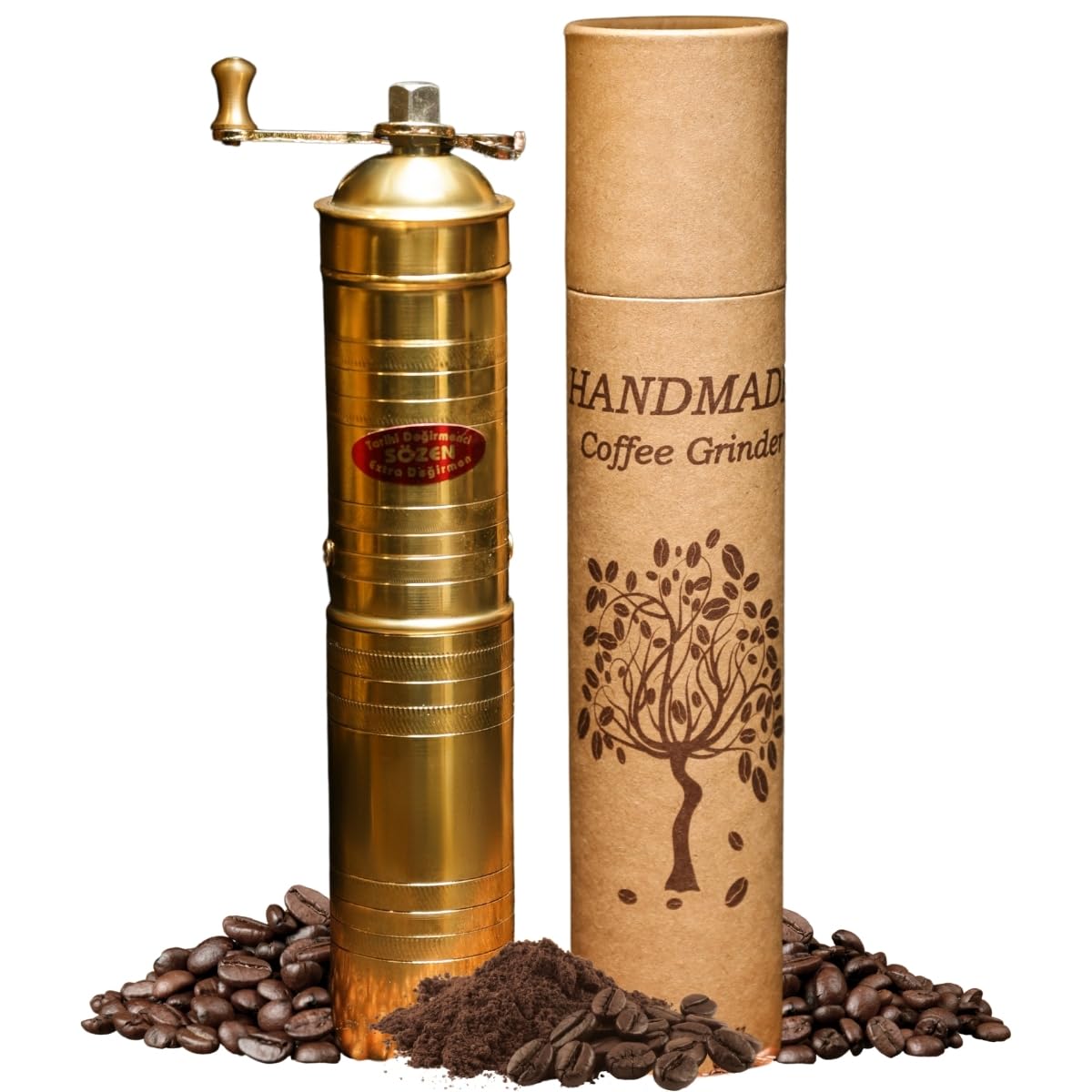 Sozen 9" Manual Coffee Grinder Brass – Hand Crank Burr Mill for Turkish Coffee, French Press, Espresso, Camping & Home Use – Portable Coffee Bean Grinder, Adjustable Conical Grinder