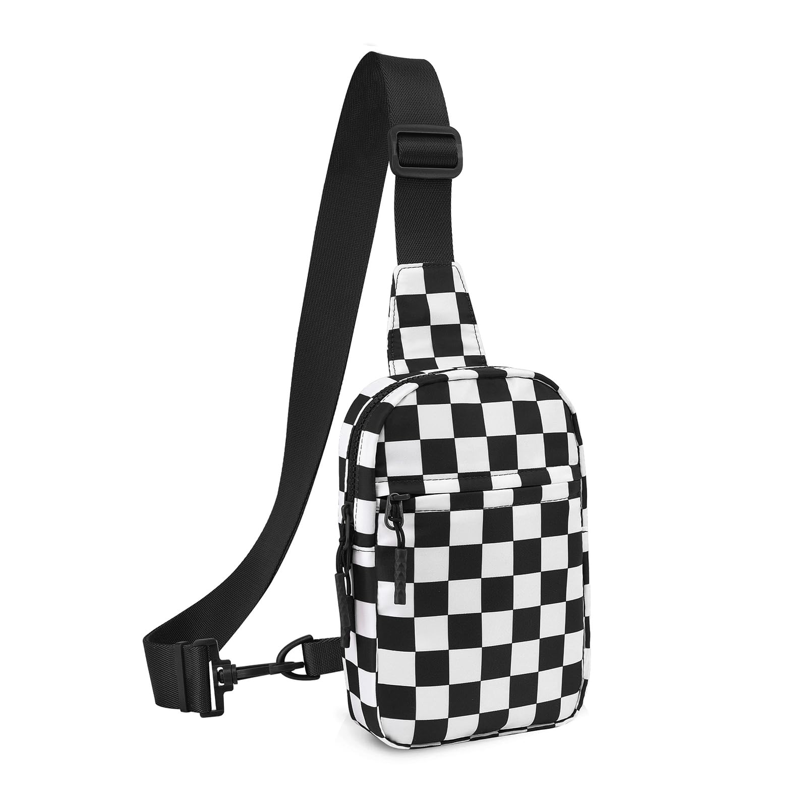 Small Checkered Crossbody Sling Bag Chest Bag Water Resistant Fanny Pack Running Phone Holder for Women Men Workout Travelling Hiking(Black)