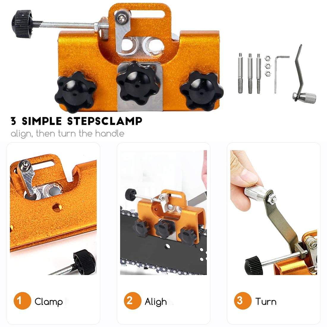Affilacatene per Motosega a Manovella, Affilatore Catena Manuale Portatile con 3 Pietre 4/5/6 mm, Guida Angolo, Kit Affilatura Catena Motosega