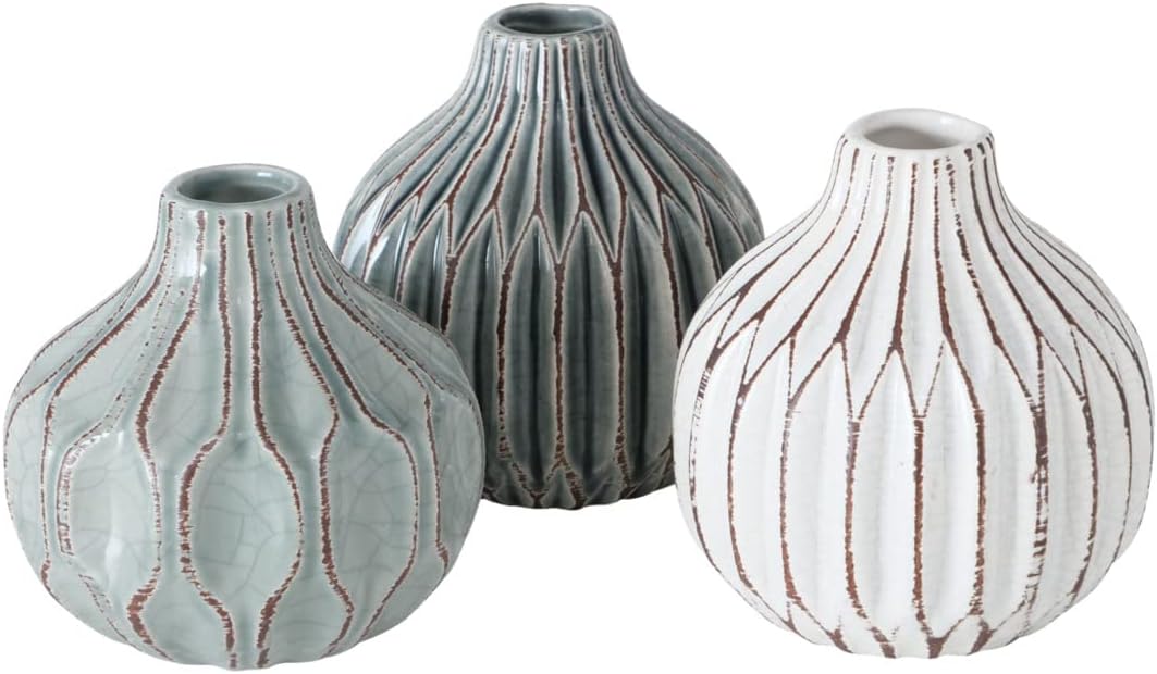 Iconic Scandi Baby Bud Vases, Set of 3, Ribbed, Ivory, Faded Teal, and Dark Grey, Crackle Suffused, 4.25 Diameter x 4.75 Inches Tall, Modernist Home