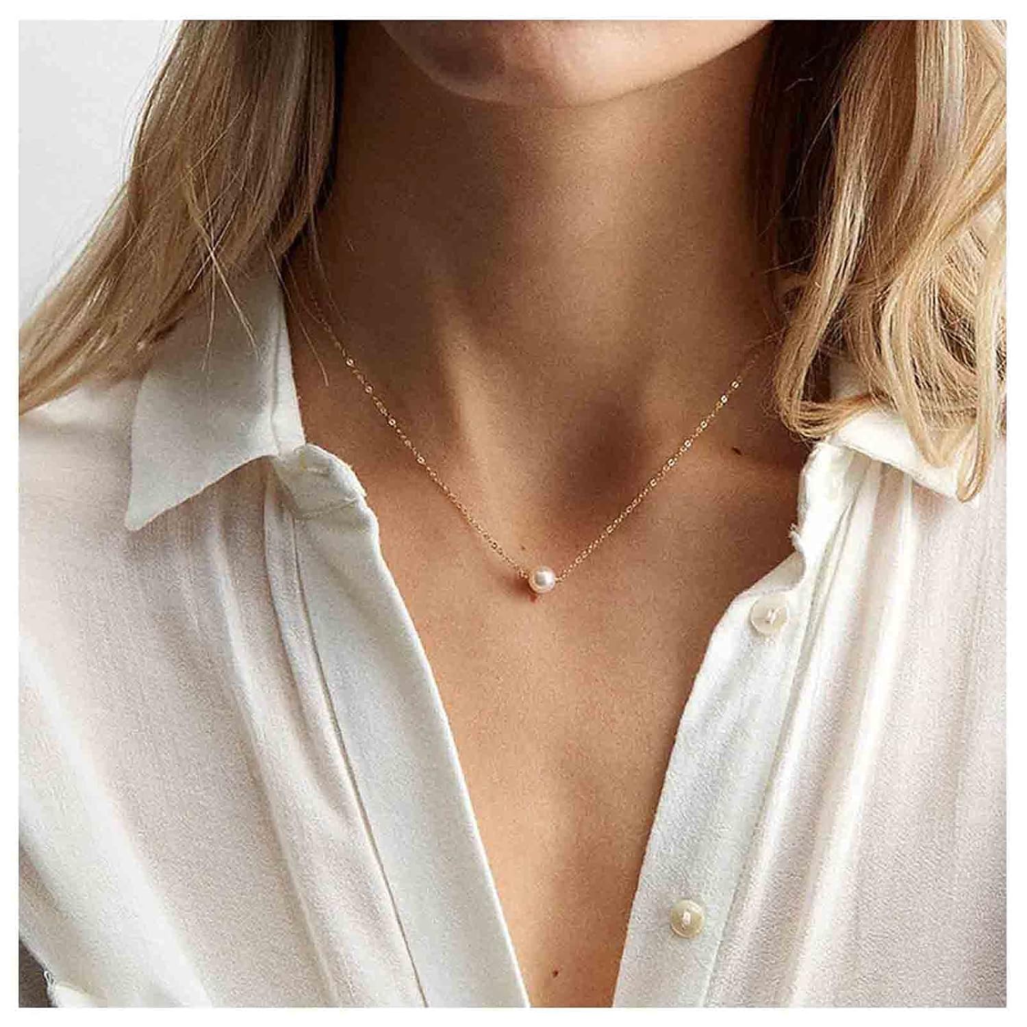 Boho Pearl Pendant Necklace Gold Floating Pearl Choker Necklace Minimalist Chain Bridal Necklace Jewelry for Women (Gold) - Image 2