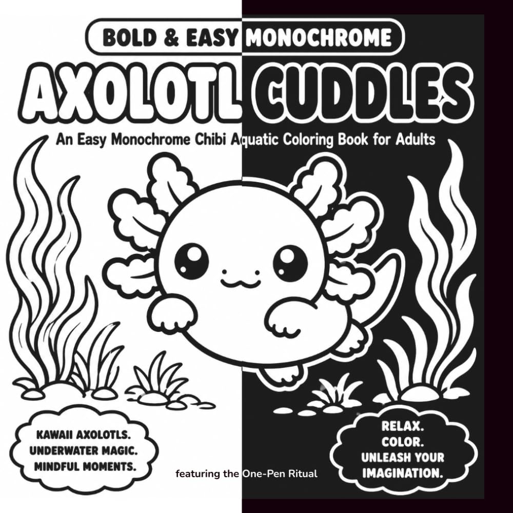 Bold & Easy Monochrome: Axolotl Cuddles: An Easy Monochrome Chibi Aquatic Coloring Book for Adults featuring the One-Pen Ritual