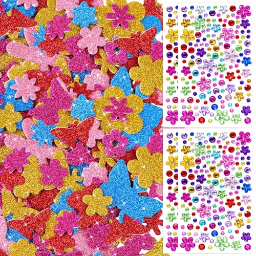 836 Pcs Glitter Foam Stickers & Gem Stickers Gem Stickers for Crafting Jewels Rhinestones for Crafts Self Adhesive Sparkle Foam Flower Butterfly Diamond Sticker for Scrapbooking Spring DIY Projects