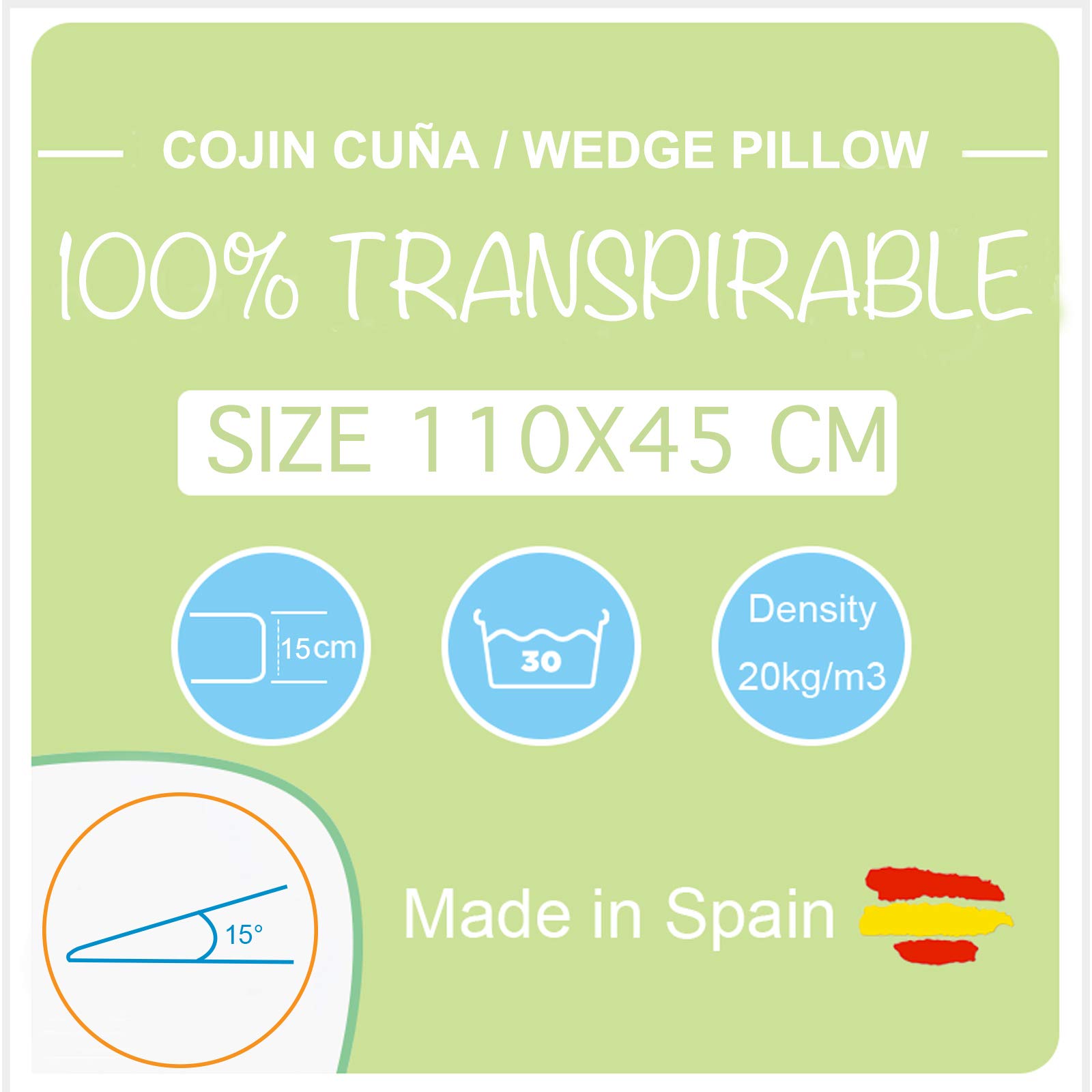 PEKITAS Coussin cale incliné pour adulte anti-reflux avec housse lavable AloeVera fabriquée en Espagne (110 cm de large - 15° d'inclinaison)..