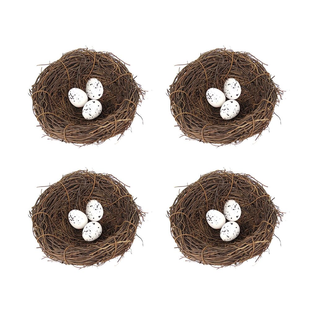Surakey 4 Sets Bird Nest with Eggs Rattan Artificial Bird Nest Imitation Craft for Home Decor Garden Ornaments Speckled Fake Foam Quail Bird Eggs for Wedding Party Decorative (12CM + 3 Egg)