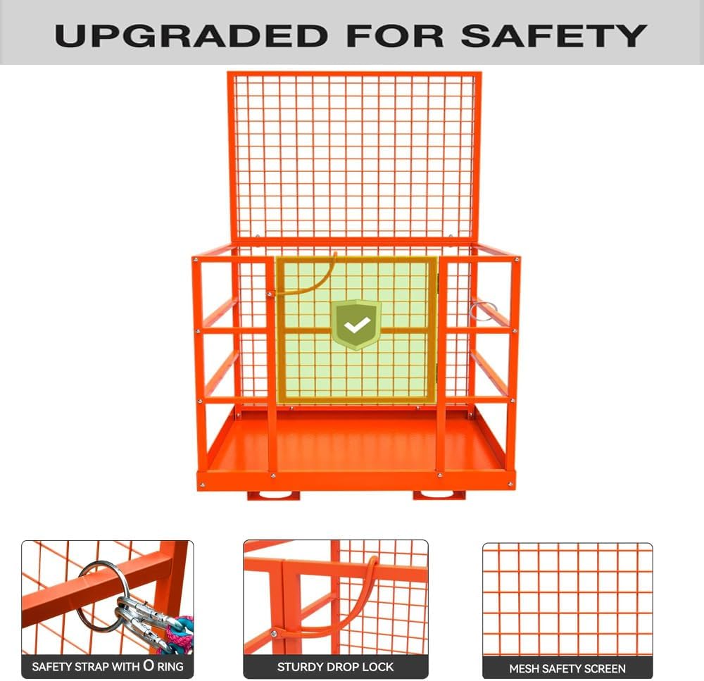 Forklift Platform Safety Cage,Work Platform for Loader,43"x45" Man Basket for Forklift,1800lbs Capacity with Safety Harness & Lock,2-Man Collapsible Lift Basket for Lifting Loader (Orange)