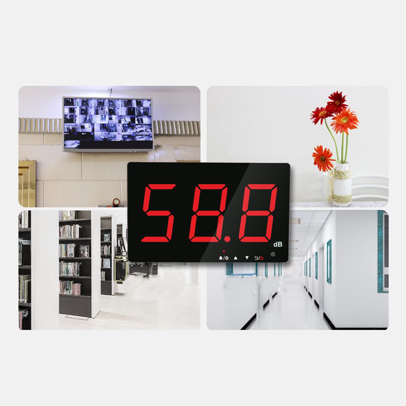 Medidor de Decibelios Montado en la Pared con Pantalla LCD Grande de 9,6 Pulgadas, Medidor de Nivel de Sonido de 30 a 130 DB, Precisión de ±1,5 DB, Alarma Visual