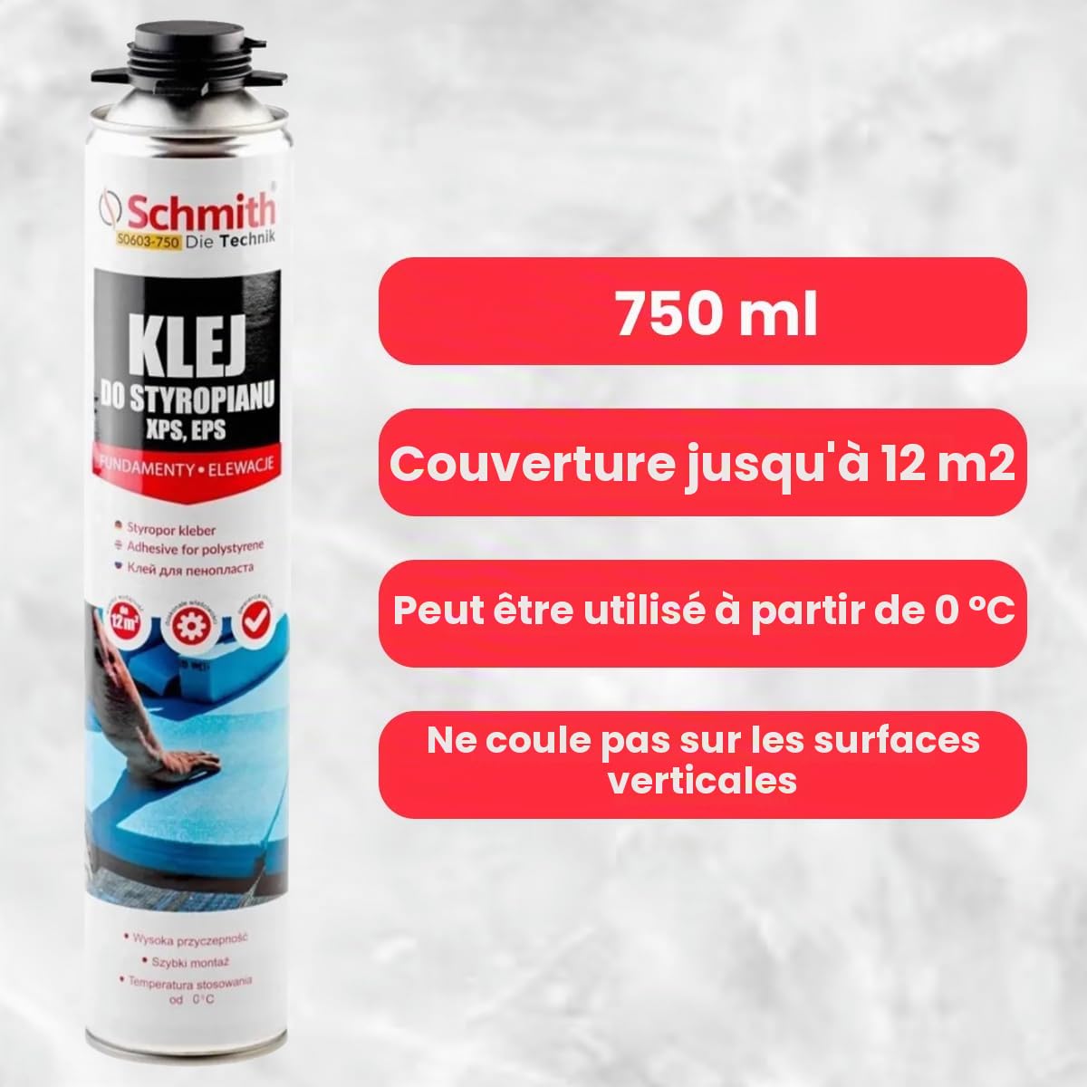 Lot de 6 Colles de Montage pour Polystyrène + 1 Pistolet avec Valve – pour Fixation d'Éléments Légers, Collage de Plaques de Plâtre – 6 x 750 ml