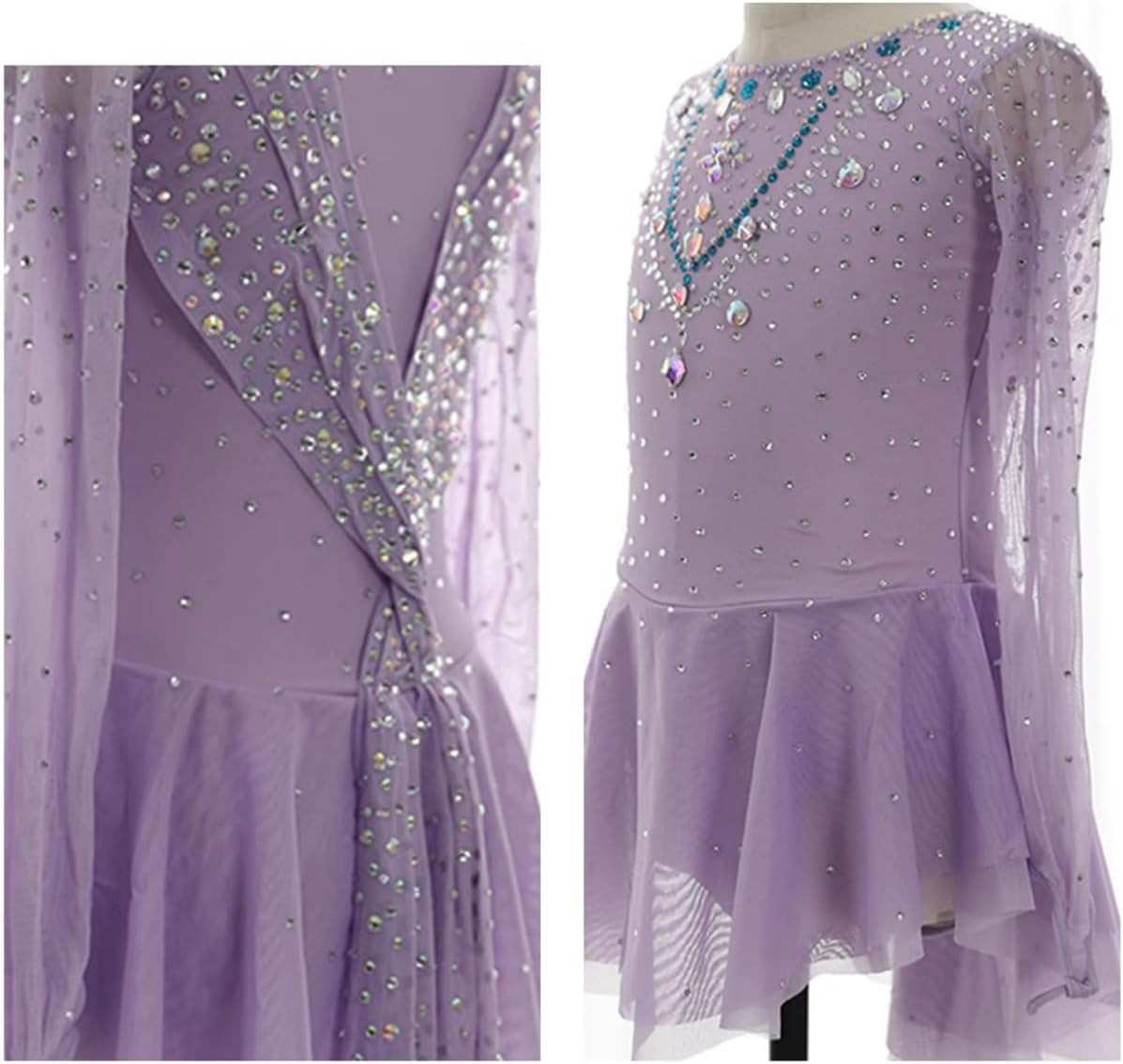 Women's Adult Rhinestone Mesh Splice Figure Ice Skating Dress Girls Long Sleeve Gymnastics Leotard Competition
