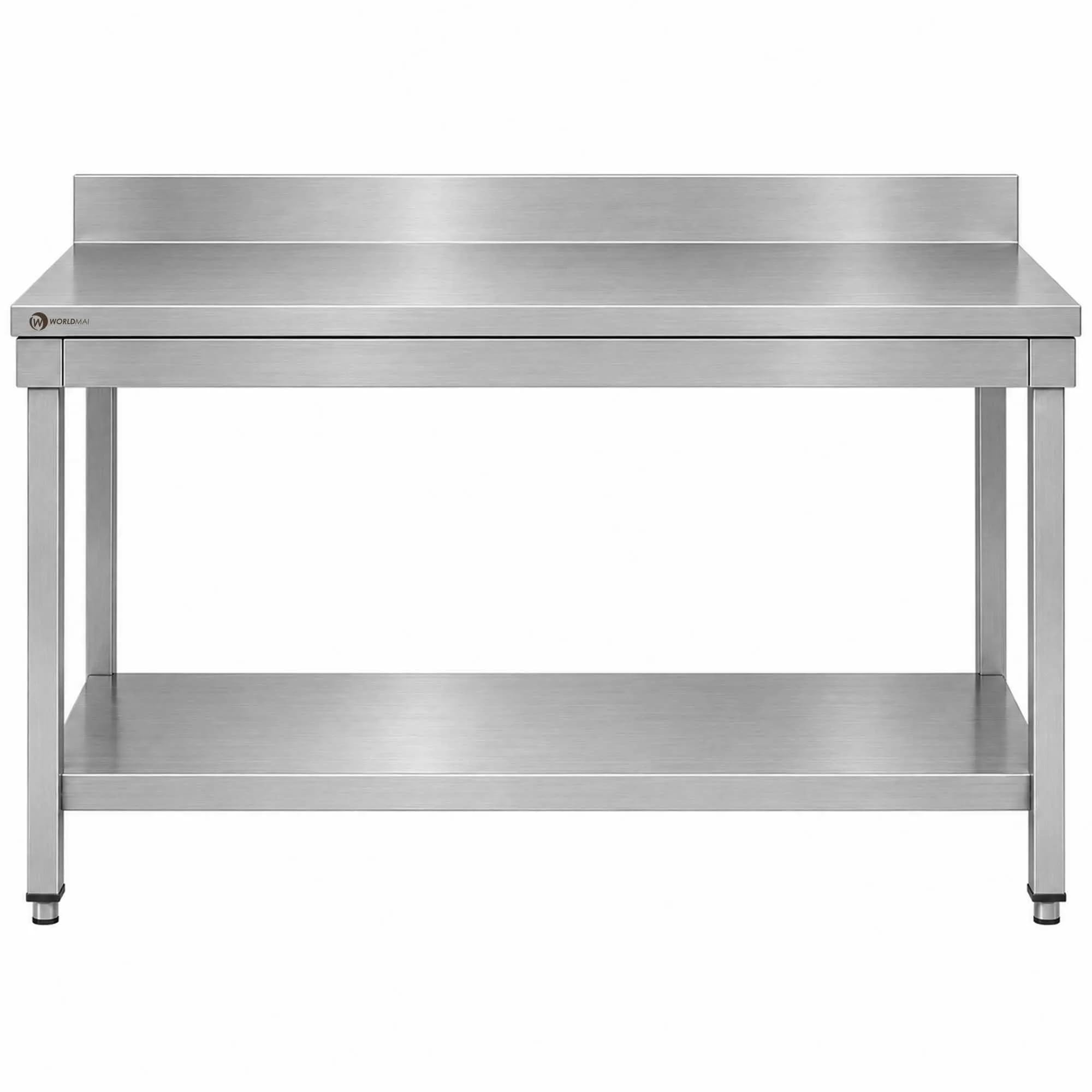 Tavolo da lavoro in acciaio inox professionale WORLDMAI 120 x 60 cm con ripiano inferiore e alzatina per ristorazione e cucina professionale.