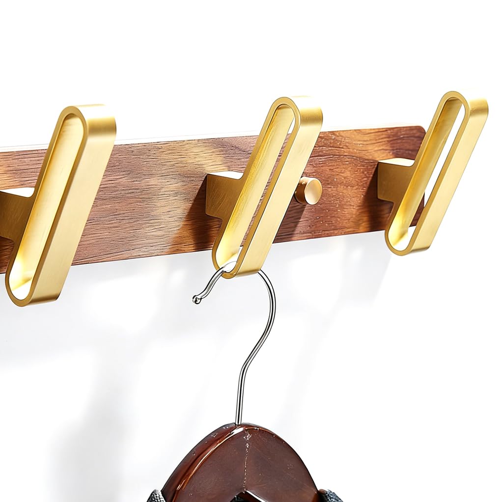 QPKZ Walnut Wood Coat Rack Wall Mount, Metal Woodden Wall Hooks Entryway Hanging Rack Coat Hooks Rail Clothes Towel Racks with Gold Hook for Coat, Bag, Towel, Key, Hat, Umbrella 3hook
