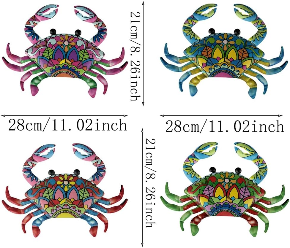 SOBLUING 11inch Big Crab Wall Decor Metal Crabs Decorations, Tiki Bar Wall Decor Coastal Sculptures for Home, Outdoor Wall, Home Door, Window, Ocean Theme Room, Set of 4