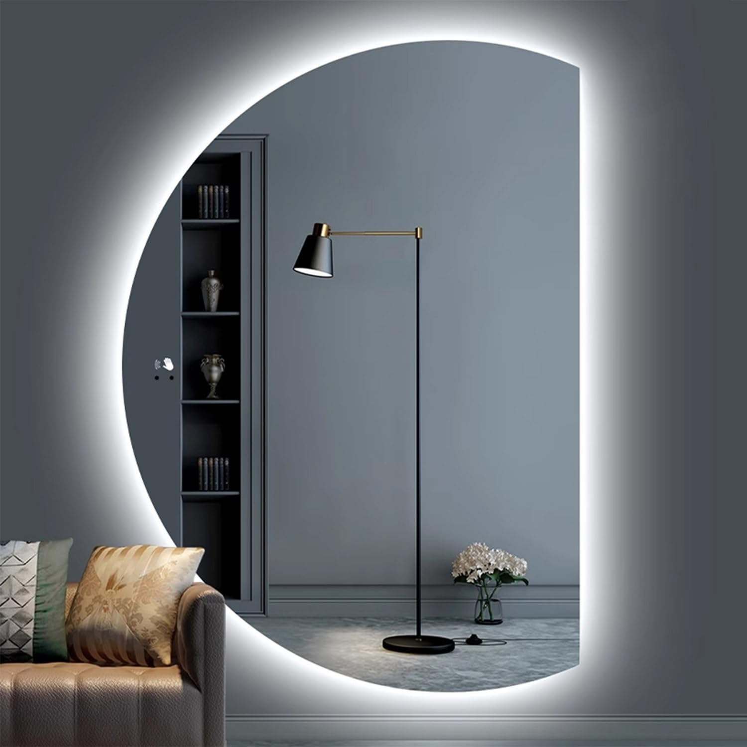 Lustro łazienkowe Smart Touch przeciwmgielne, 109 cm, półokrągłe lustro ścienne ze światłami, nowoczesne, bezramowe, 3-kolorowe, ściemniane, do dekoracji domu, prawe cięcie, 90 x 130 cm