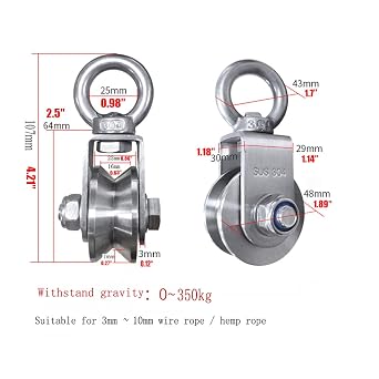304 Stainless Steel Pulley, V-Shaped Load-Bearing 350 kg Wire Rope Crane Traction Fixed Wheel Lifting Bearing Pulley Bearing Single Wheel, Traction Pulley, High Load-Bearing Pulley