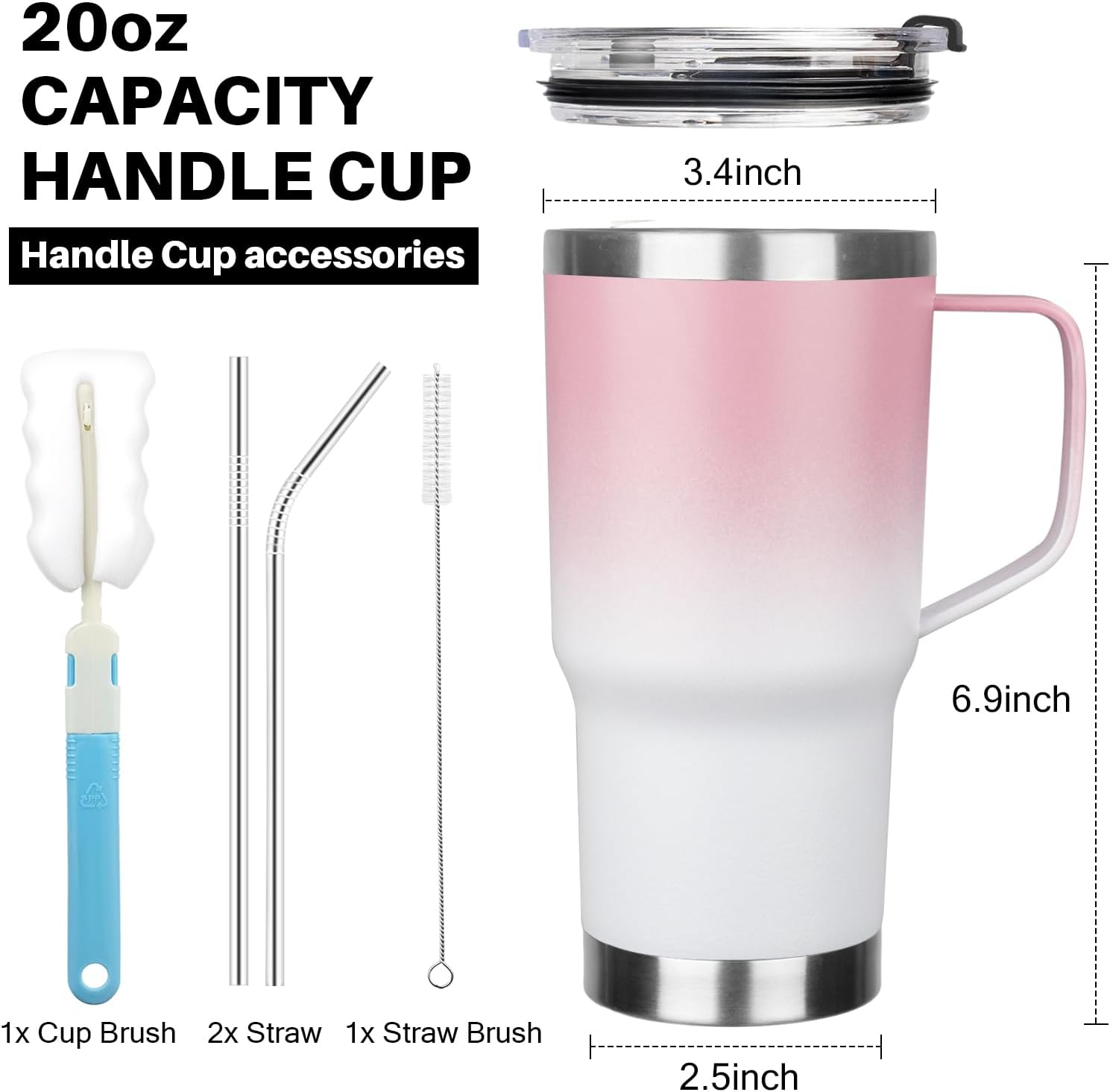 20 oz Tumbler with Handle, Stainless Steel Insulated Tumbler with Lid and Straw, Double Wall Vacuum Coffee Mug Tumbler, Insulated Coffee Thermal Cup for Cold and Hot (Pink White) - Image 2