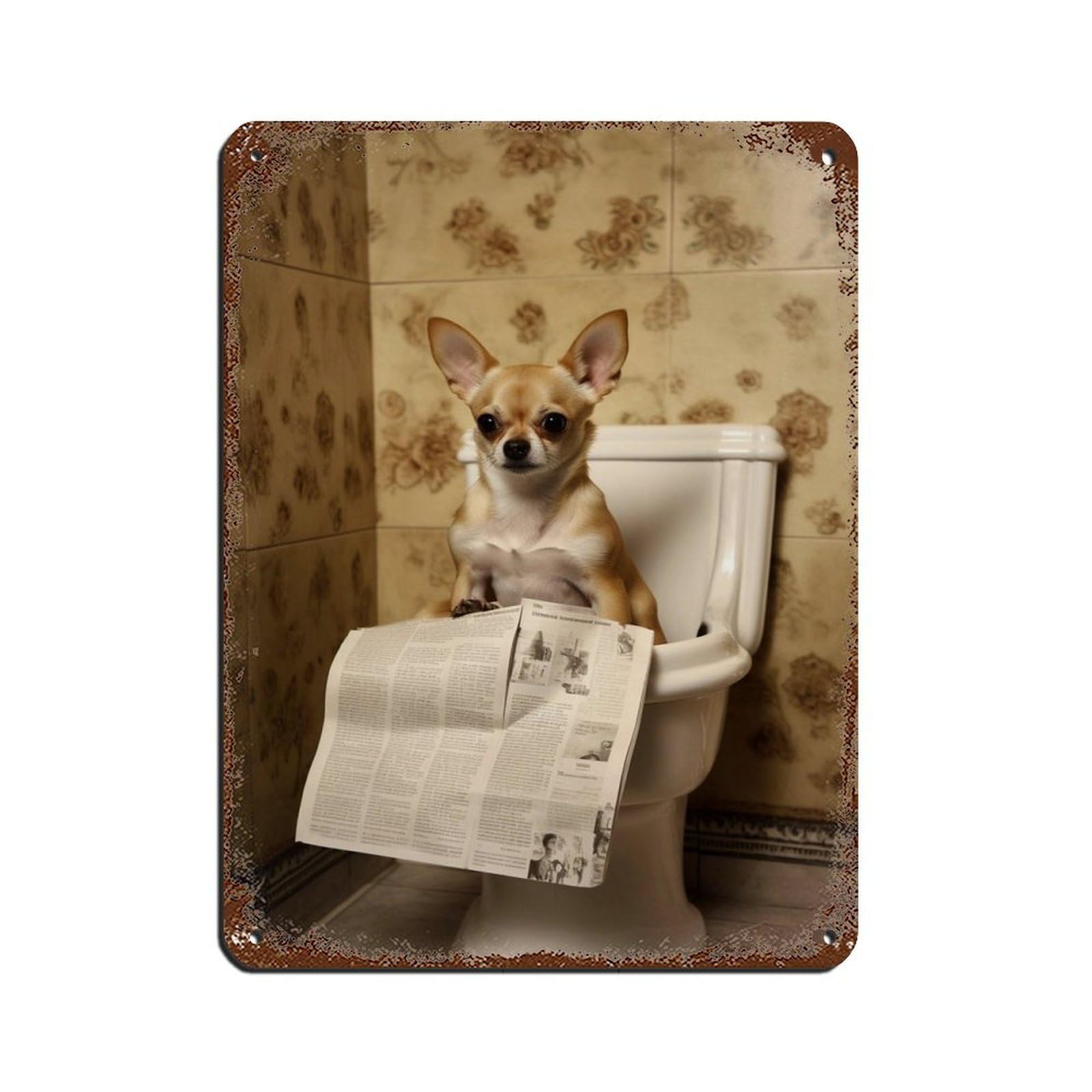 Chihuahua on Toilet Reading The Newspaper Retro Poster Metal Tin Sign Chic Art Retro Iron Painting Bar People Cave Cafe Family Garage Poster Wall Decoration 12x16inch(30x40cm)