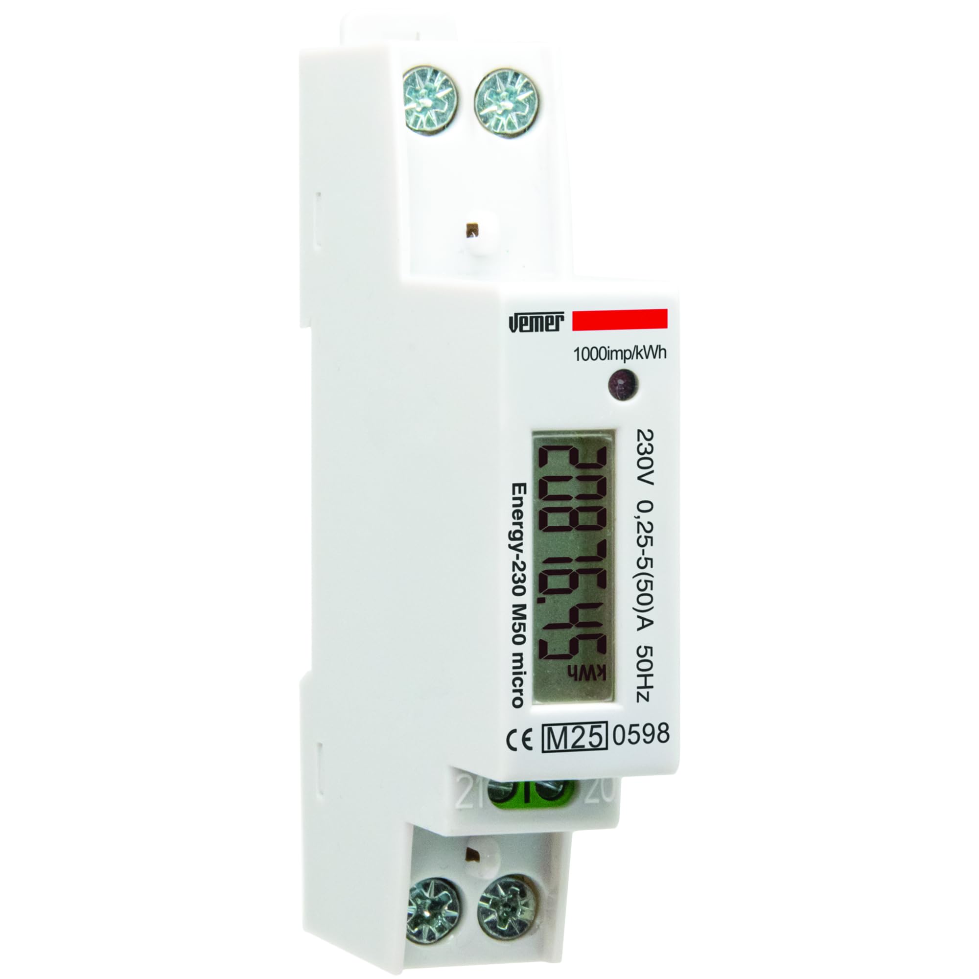VEMER VE798900 ENERGY 230 M50 MICRO – Contatore Energia Elettrica Monofase da Barra DIN 1 Modulo, Misuratore Consumo Elettrico MID, Corrente Massima Misurabile 50A, Alimentazione 230V, Bianco