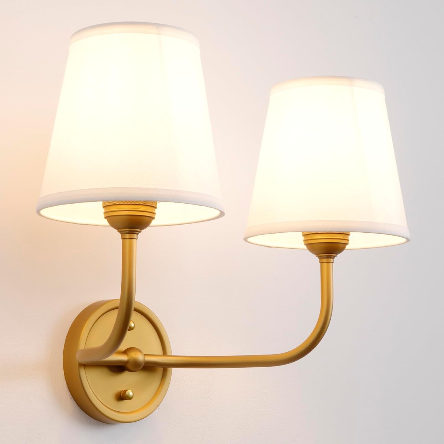 2-Light Vintage Wall Sconce,Brass Gold Double Wall Sconces with White Fabric Shade Hardwired Bathroom Vanity Light for Bedroom Living Room Bedside Kitchen Hallway Indoor E26 Base