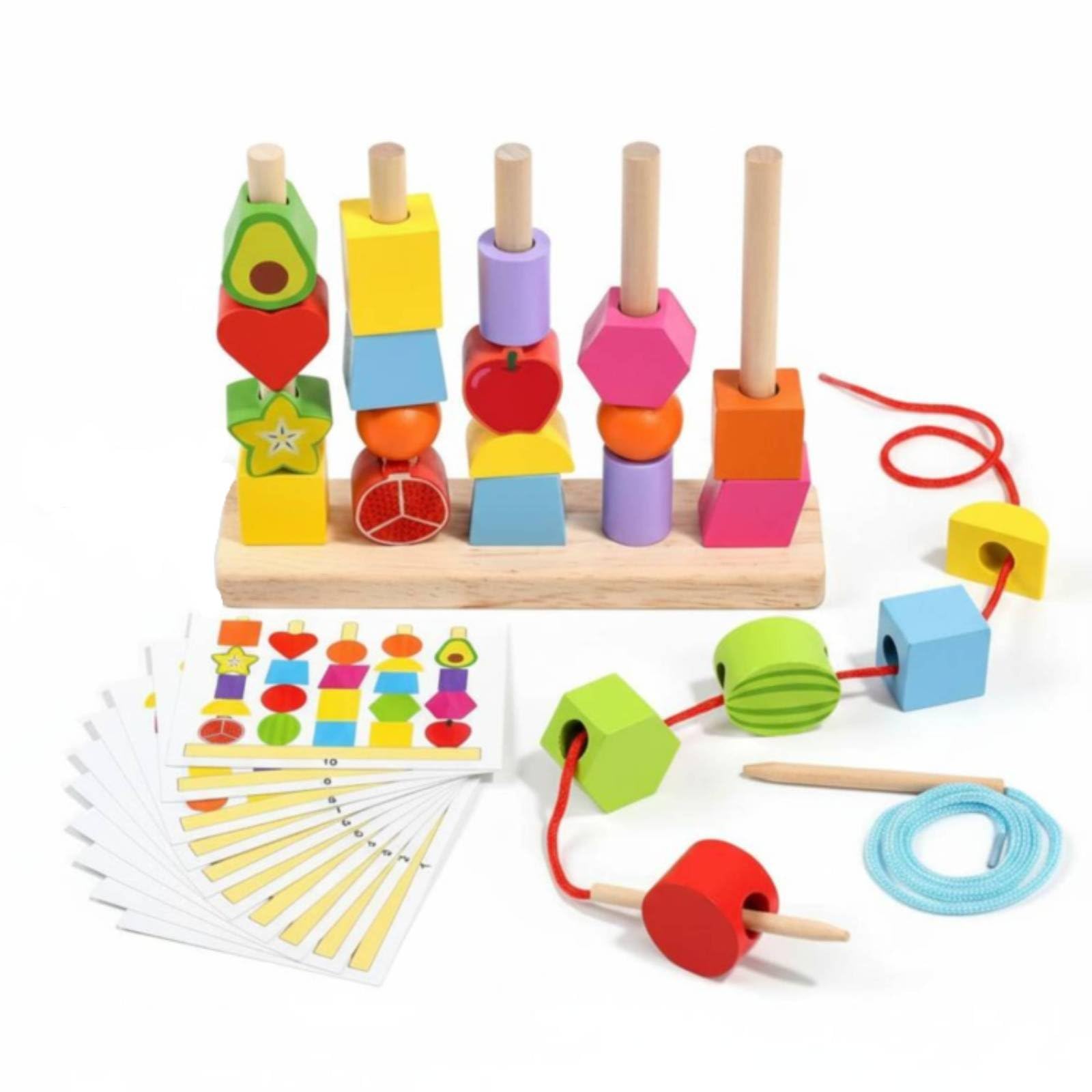 Bead Game Learning Toy Set With Threading Blocks Stack Puzzle Wooden Sorter Fruit Sequence Cards Suitable for Preschool Boys and Girls Gift