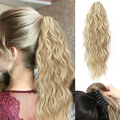 FINE PLUS 18inch Ponytail Extension Highlights Curly Wave Claw Clip in Ponytail Hair Extensions for Black Women Brown with Blonde Pony Tail Hair Hairpieces for Daily Party Use Curly Ponytail Extension