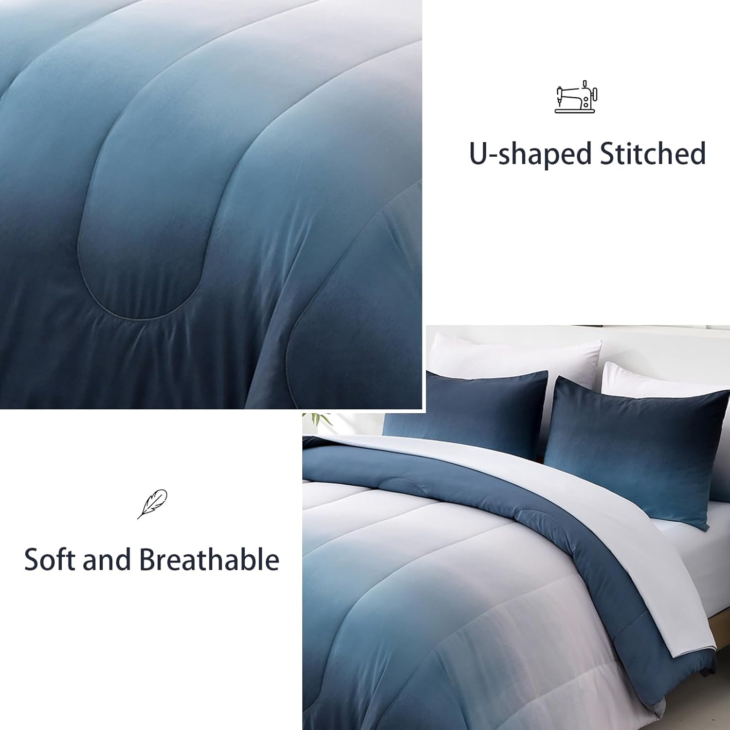 Anibedding Gradient Comforter Set Full Size 6 Pieces Ombre Navy Blue Bed in a Bag Complete Bedding Set - Breathable Solid Ocean Sea Blue Bed Sets with Flat/Fitted Sheet - Image 6