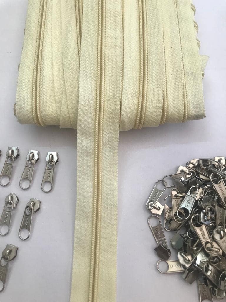 Bhavya EnterprisesBhavya Enterprise 5 Meters Open Zipper with 10 Steel Zip Puller in Meter for Tailoring, Stitching, Bags and Purse (Open Ended Zips) - (5 Meter Roll + 10 Steel Zips Runner) (Cream)