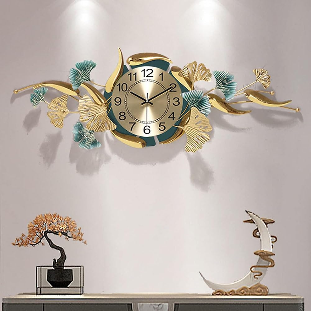 HAODING Large Art Design Ginkgo Leaf Wall Clock, Decorative Clock, Silent Non-Ticking Metal Wall Watch Clock For Living Room, Bedroom, Office Home Decor, Modern Home Decoration(Color:horizontal)