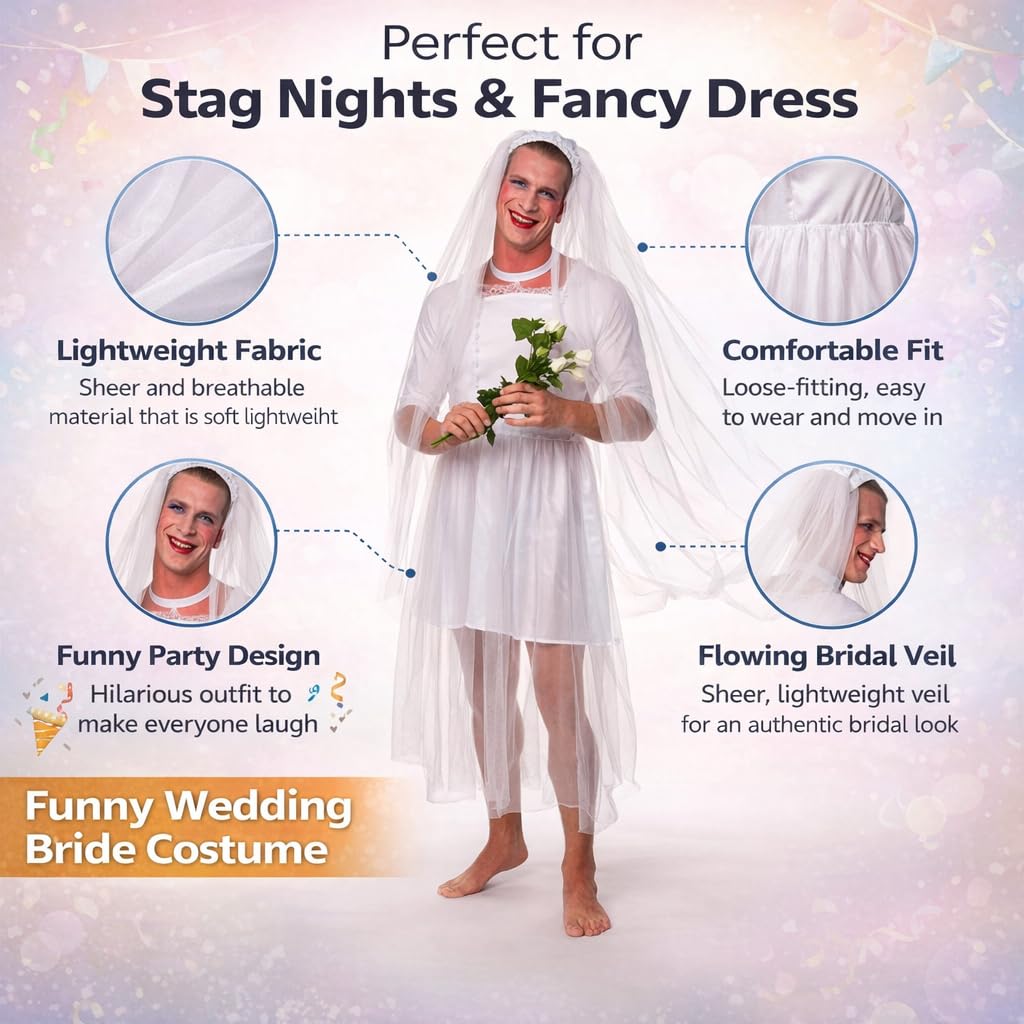 SoWest Mens Bride Stag Do Costume – Funny Wedding Dress for Men with Veil &  Neck Choker