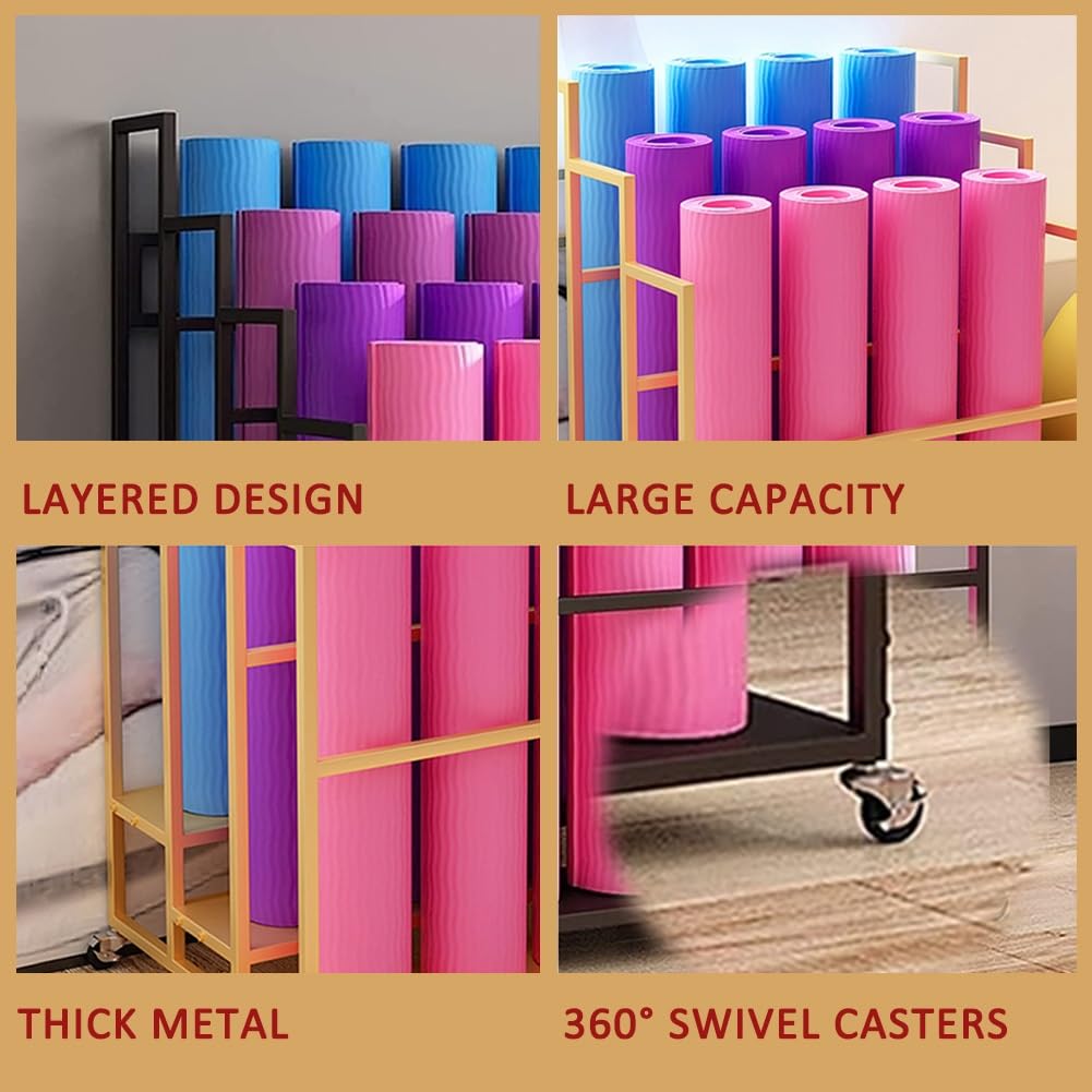 Soporte para esterillas de Yoga, Carrito Resistente de 3 Niveles con Ruedas, Soporte metálico para 30 esterillas y Rodillos de Espuma, Organizador para gimnasios/Estudios de Yoga (Negro, 80