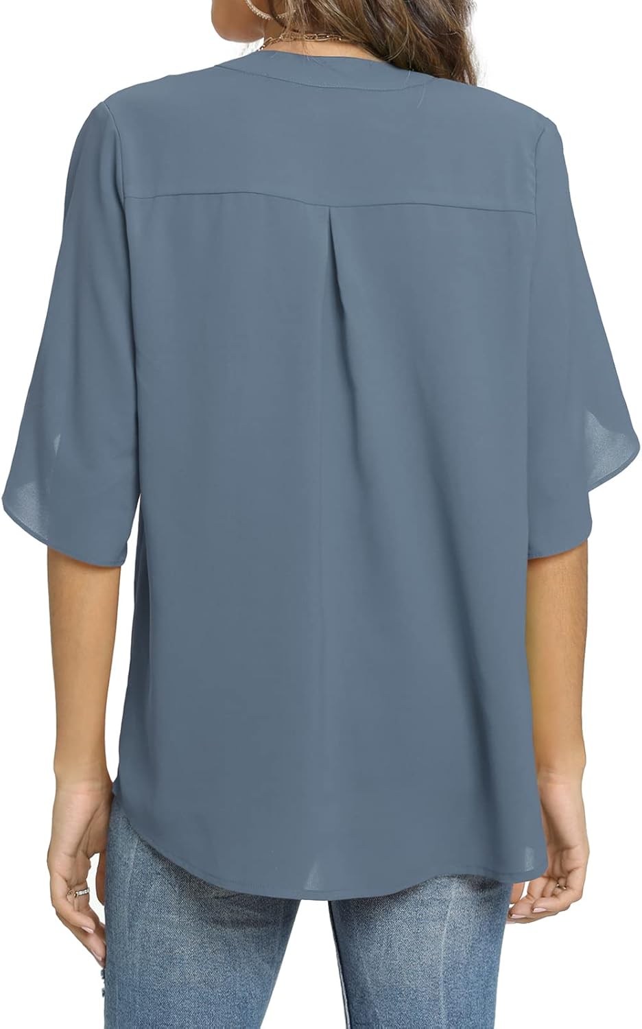 FUNLINGO Women's Summer Tops Short Sleeve Casual Shirts V Neck Chiffon Dressy Blouse Tops - Image 3
