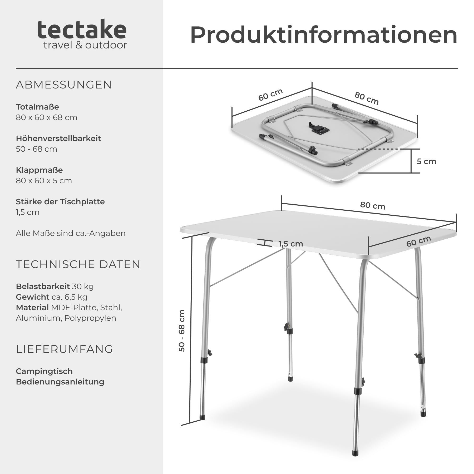 tectake® Campingtisch, Gartentisch klappbar, Klapptisch höhenverstellbar, verstellbare Teleskopbeine, Aluminium Kantenschutz, 80 x 60 x 68 cm, für Garten Terrasse Balkon Camping Picknick