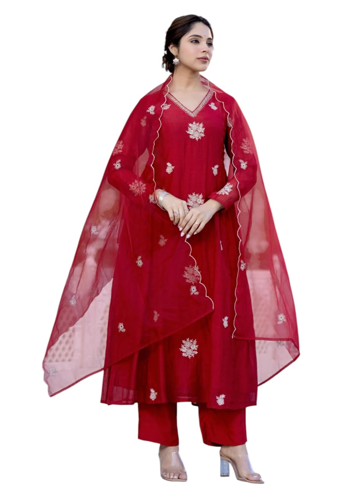 Yashika Chanderi Kurti ensemble de qualité supérieure avec voile rouge M - 5
