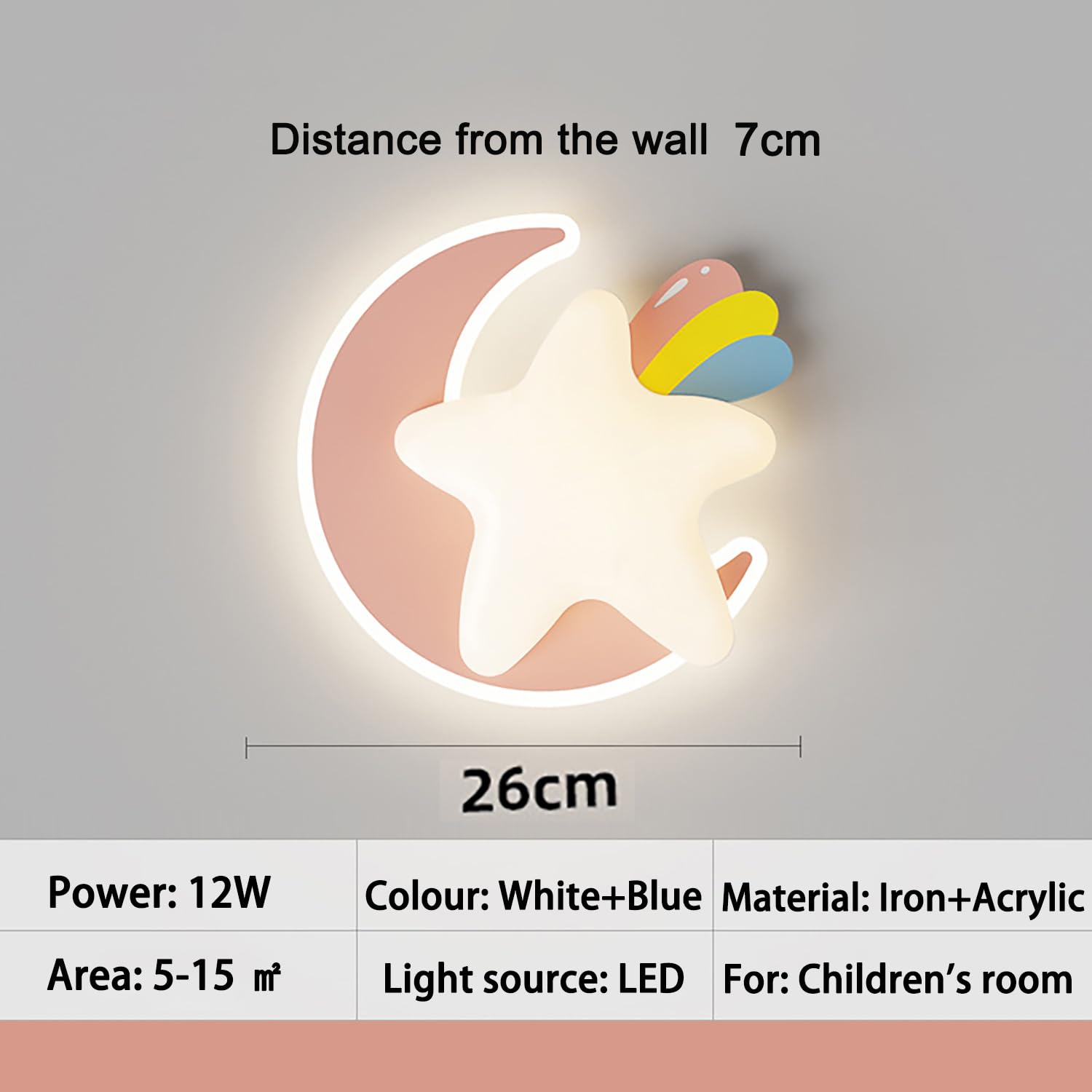 Dziecięca lampa ścienna z wtyczką, gwiazda, księżyc, lampa ścienna z przełącznikiem, ściemniana, lampa dziecięca, lampka nocna do pokoju dziecięcego, sypialni, salonu (różowa)