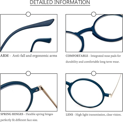 Miniatura 6 de KoKoBin Gafas de lectura redondas anti-azul planas ultrafinas, gafas antirreflejo irrompibles de tamaño de bolsillo, Azul 2.00