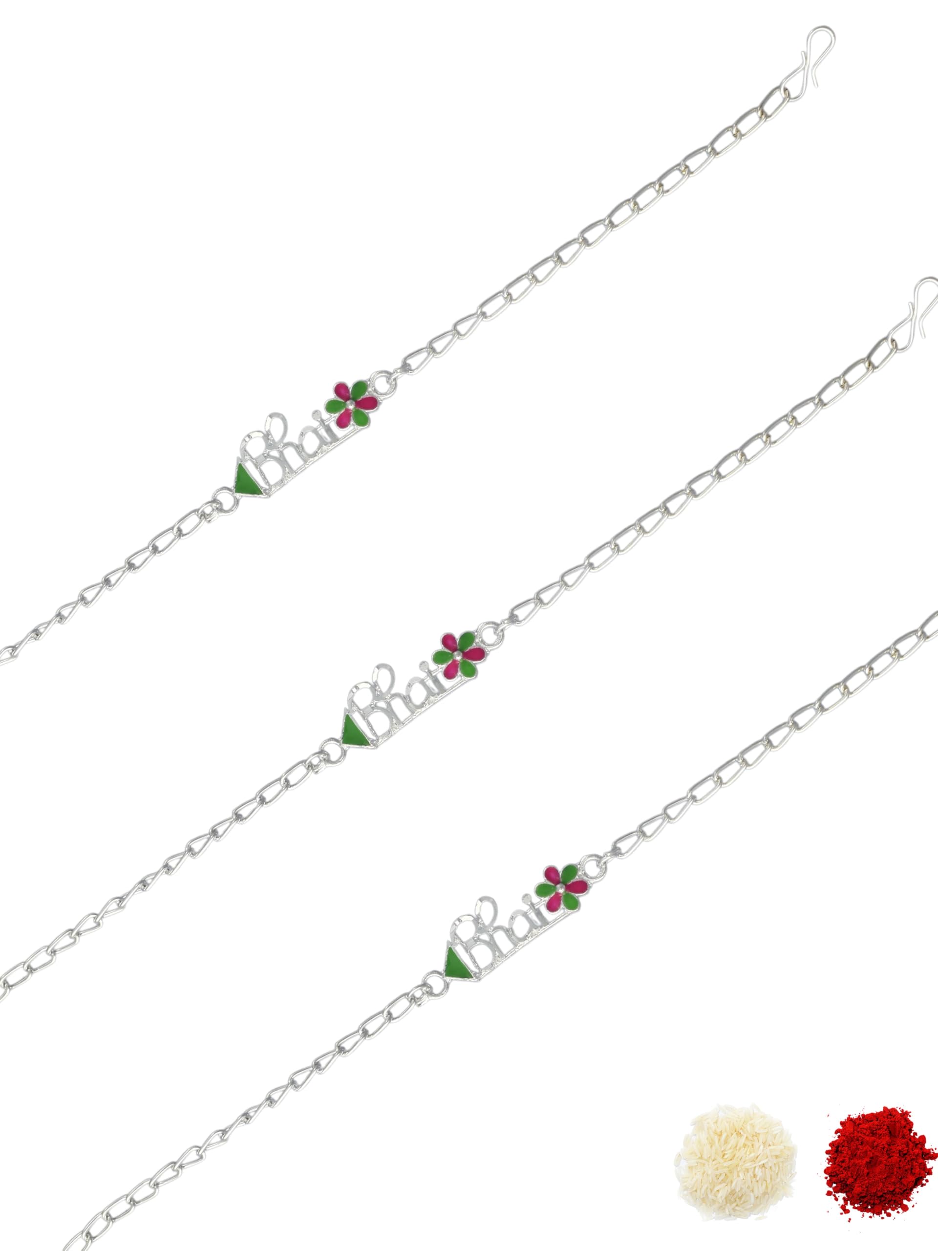 Premium Multi-coloured Minakari Finish Silver-Plated Pack of 3 Bracelet Type Chain Stylish Rakhi for Raksha Bandhan for Brother, Bhai, Bhaiya, with Roli Chawal and Greeting Card-80-image-33
