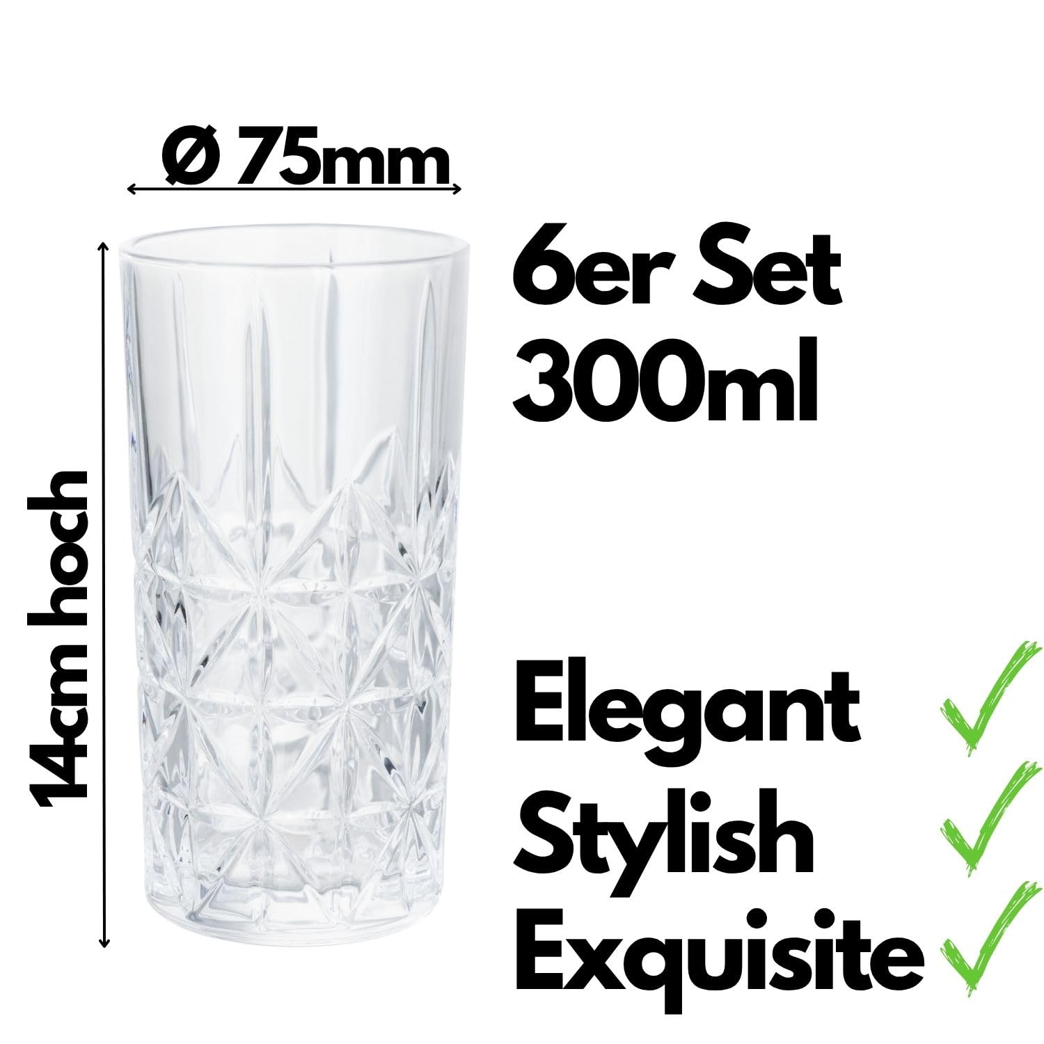 Gläser Set 6 teilig 300ml Trinkgläser modern Cocktailgläser Wassergläser Longdrinkgläser Kristall Optik Coctail Glas Trinkglas groß Water Glasses Longdrink Slush Glass Cup Saftgläser Cocktail