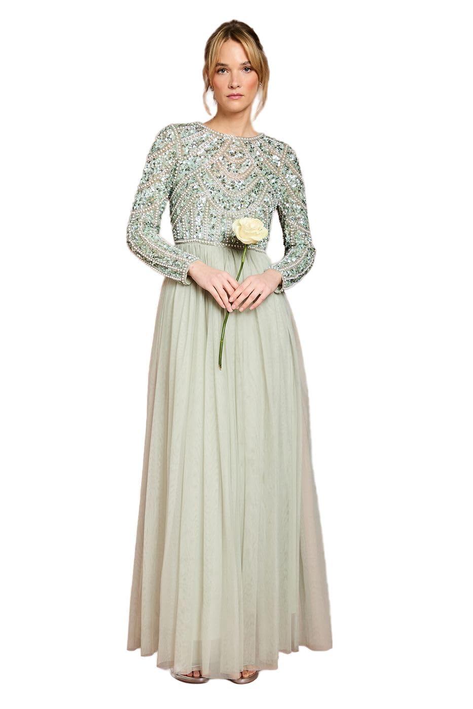 Coast Women's Honoured Long Sleeve Sequin Bodice Tulle Skirt Maxi Bridesmaid Dress in Sage | Size: 8