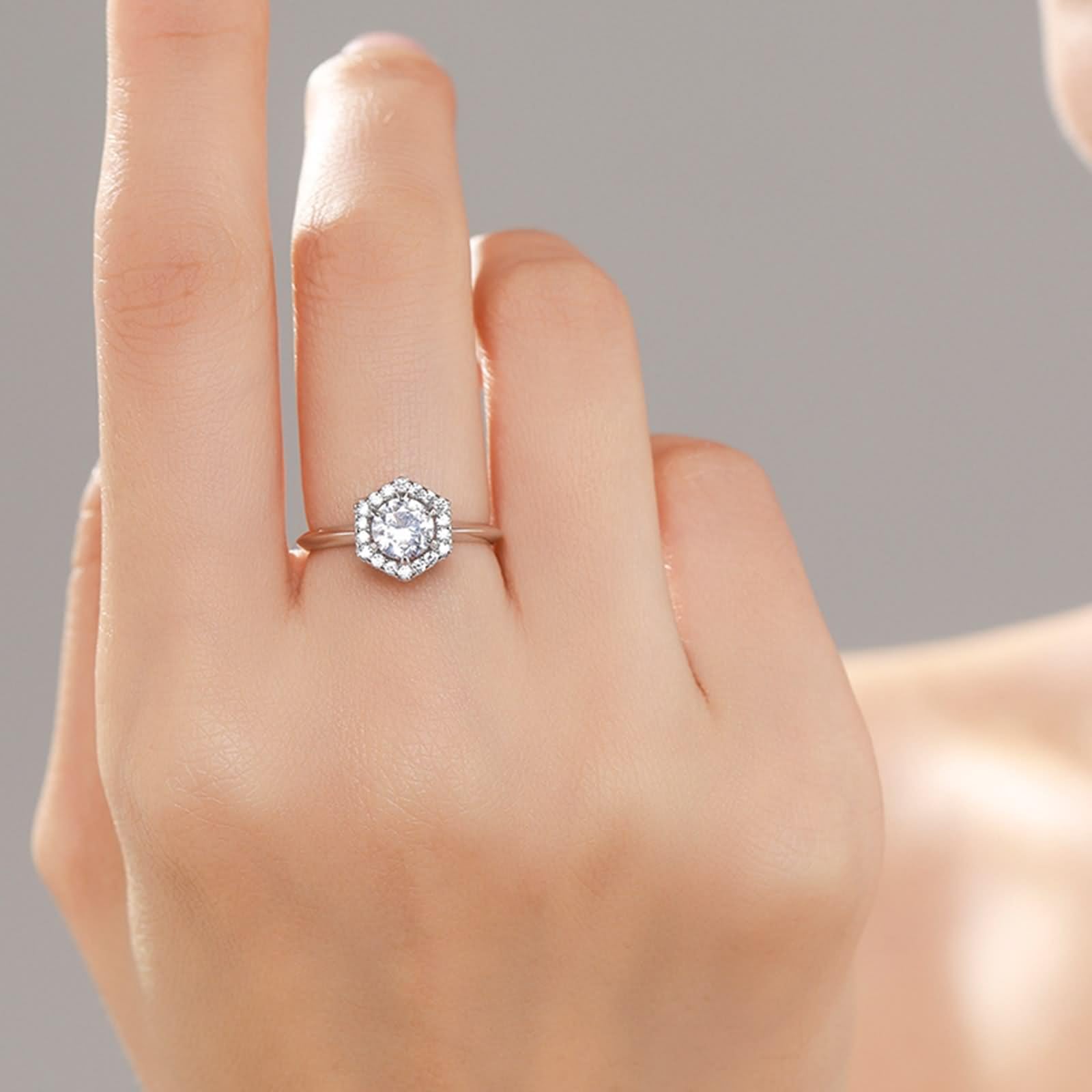 Ring Schlicht, Pinky Ring Geometrisch Silber mit Sechseckige form Labor Diamant Platin 950 Größe 58 (18.5)
