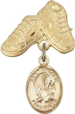 14kt Yellow Gold Baby Badge with St. Andrew the Apostle Charm and Baby Boots Pin 1 X 5/8 inches