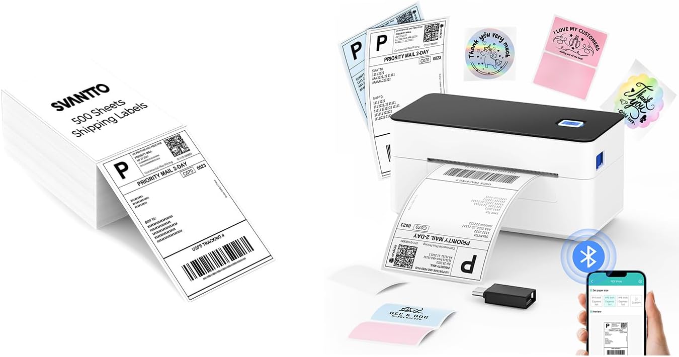 SVANTTO Bluetooth Shipping Label Printer 4x6+4"x6" Thermal Shipping Label （500Pcs/Stack）