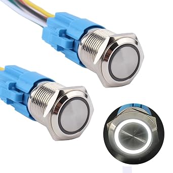 2pcs 16mm Metal Latching Push Button Switch 12V-24V ON-Off 5Pins 1NO 1NC with Pigtail for 5/8" Mounting Hole Waterproof Silver Shell Halo Ring White LED Light