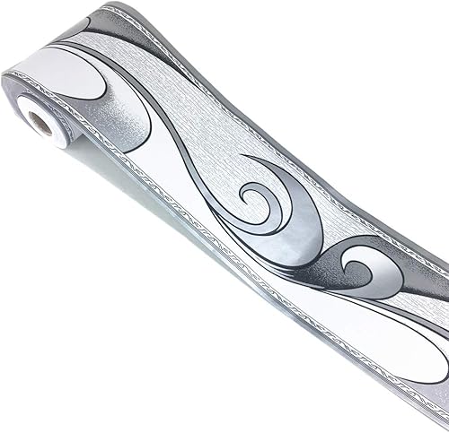 Miniatura 4 de REDODECO Elegante papel tapiz de moldura gris plateado, borde decorativo para techo, para baño, sala de estar, cocina, 4 pulgadas por 32.8 pies