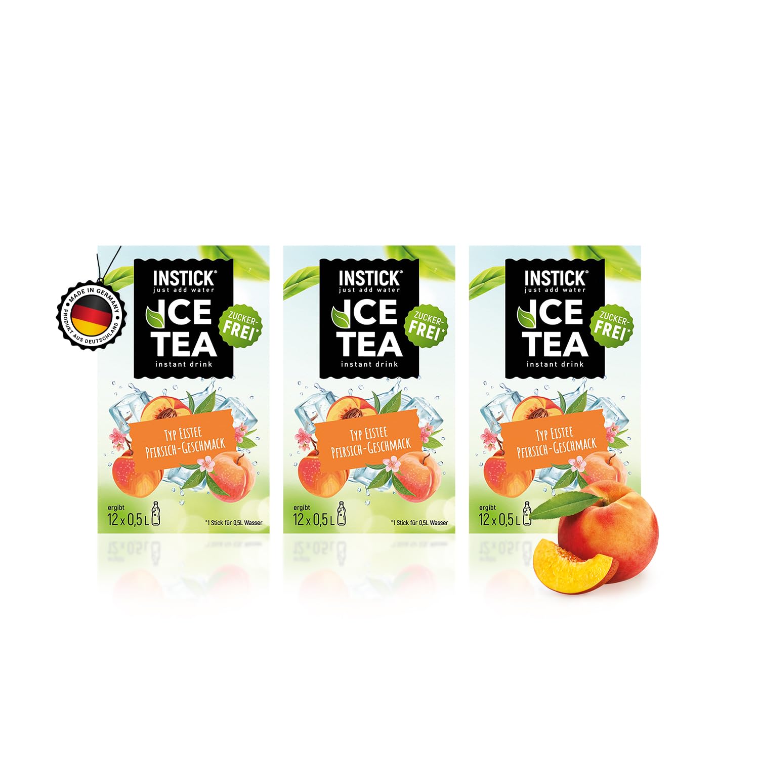 INSTICK Zuckerfreies Instant-Getränk (Eistee Pfirsich) - Angebot 3 Packungen mit je 12 Sticks für 0,5-1 L- Veganes Getränkepulver Kalorienarm & Vitamin C - Instant-Pulver
