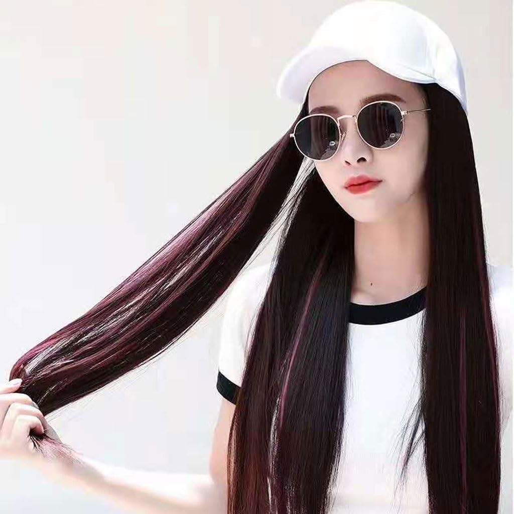 FRANCES Hat Wig Wig Cap Color Highlighted Long Straight Wig Cap Adjustable Wig Cap Fashion Natural and Realistic Wig with Hat Wig Caps for Women (Color : A)