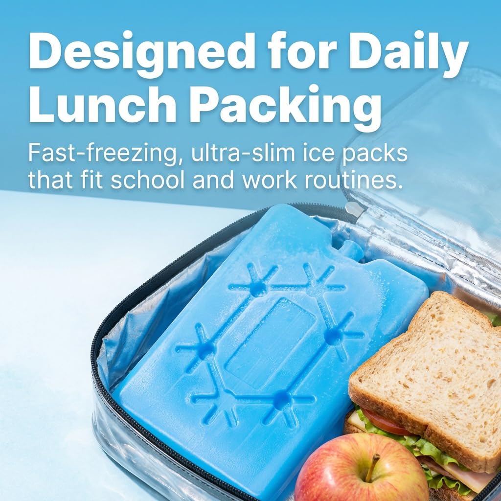 Kona 4 Pack Slim Ice Packs for Lunch Boxes & Coolers – Reusable, Quick Freeze, Space Saving Freezer Packs – Small Thin Cold Packs (Blue)