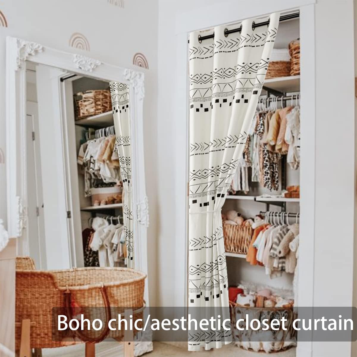 Cream Black Curtains for Living Room,Boho Chic Decor,Single Panel,Semi Blackout/Privacy,Accordion Door Curtain for Bedroom Doorway Balcony Interior Shower Bifold Door,80 Inch Length,Natural Beige