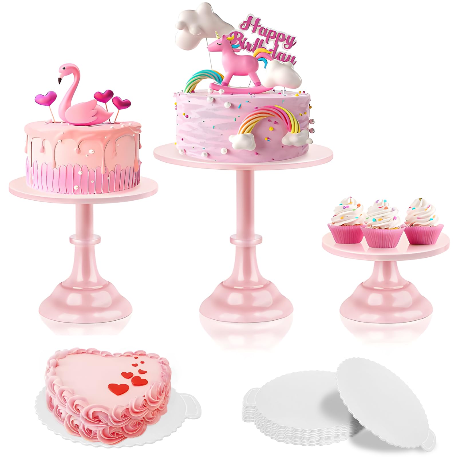 3 soportes para tartas con 20 piezas redondas, juego de soportes para tartas de 8 pulgadas, 10 pulgadas, 12 pulgadas, juego de exhibición perfecto de mesa de postre, soportes para cupcakes y