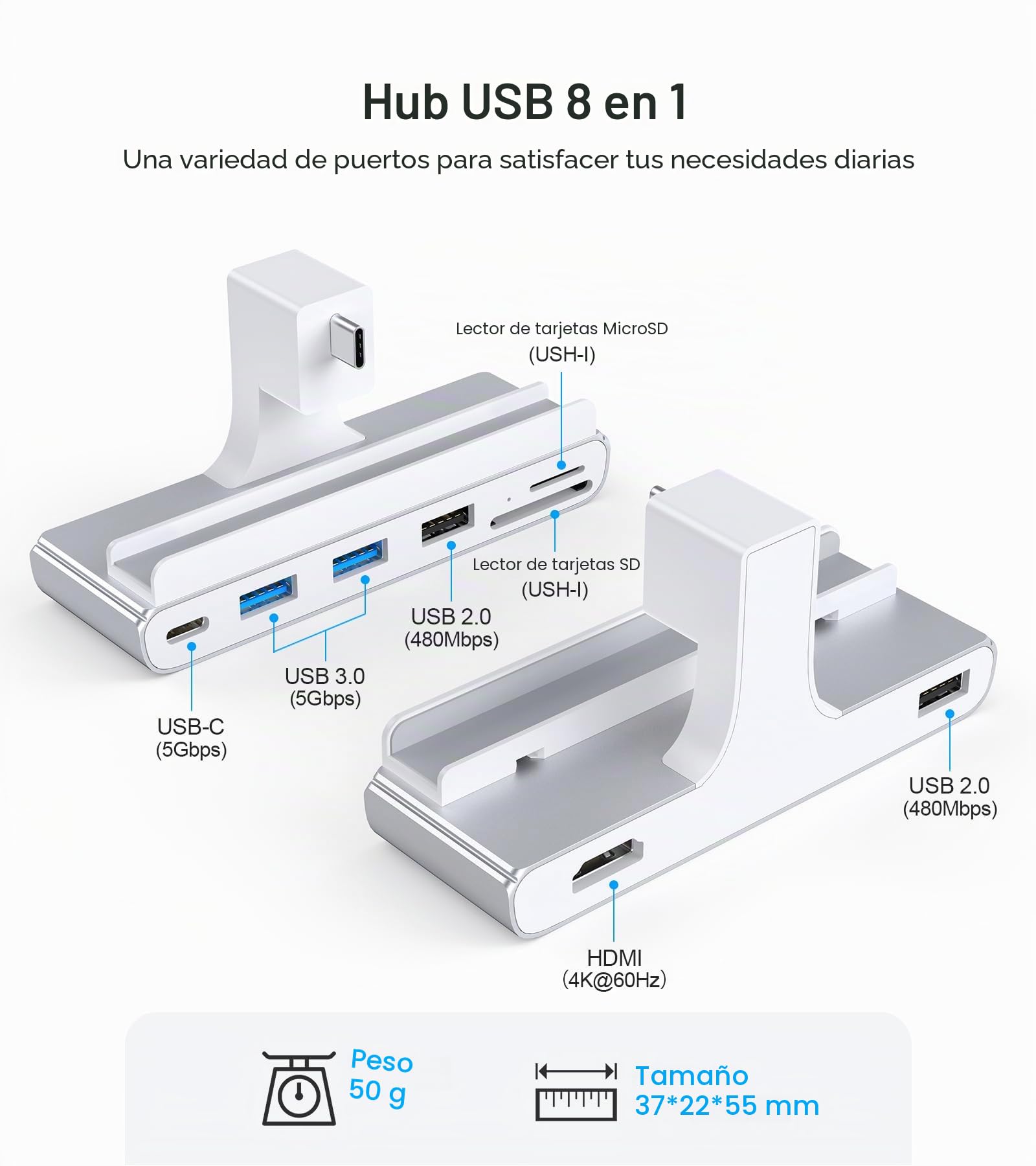 Adaptador USB 8 en 1 para iMac con HDMI 4K @ 60Hz, USB 3.0 5Gb/s, Lector de Tarjetas SD/TF, Base USB C para iMac 24" M1/M3/M4